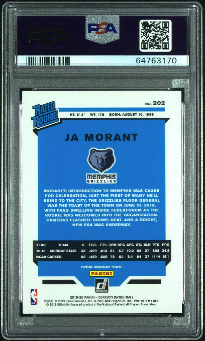 2019 Panini Donruss 202 Ja Morant Infinite PSA 10