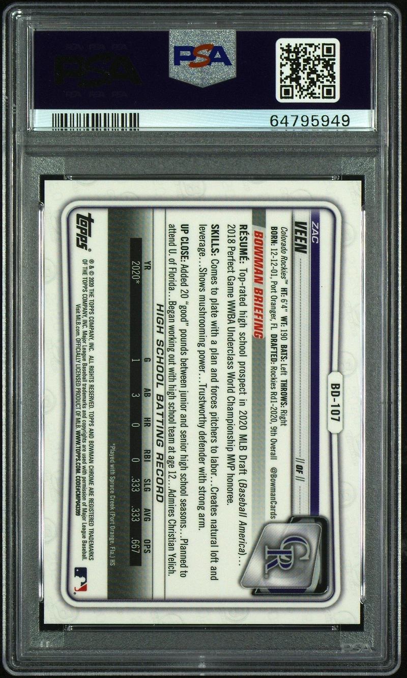 2020 Bowman Draft Chrome Sapphire Edition Bd107 Zac Veen Orange PSA 10
