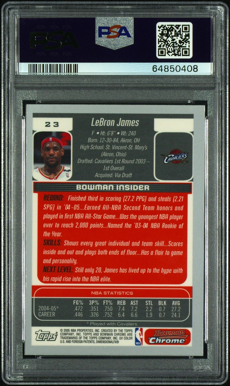 2005 Bowman Draft Picks & Prospects 23 Lebron James Chrome PSA 9