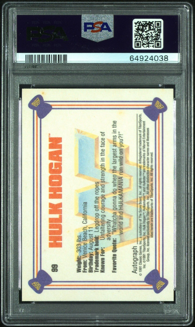 1991 Classic Wwf 99 Hulk Hogan PSA 9