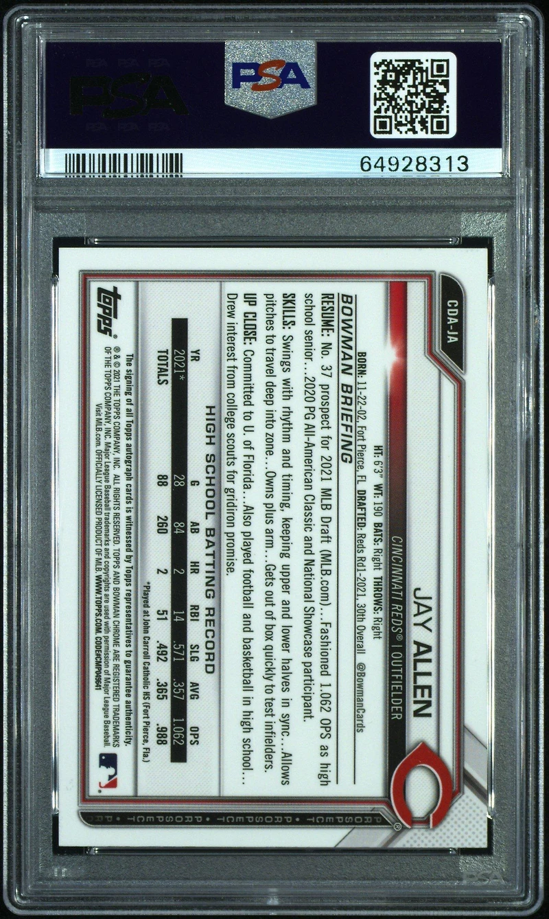 2021 Bowman Draft Chrome Draft Pick Autographs Cdaja Jay Allen Purple Refractor PSA 10