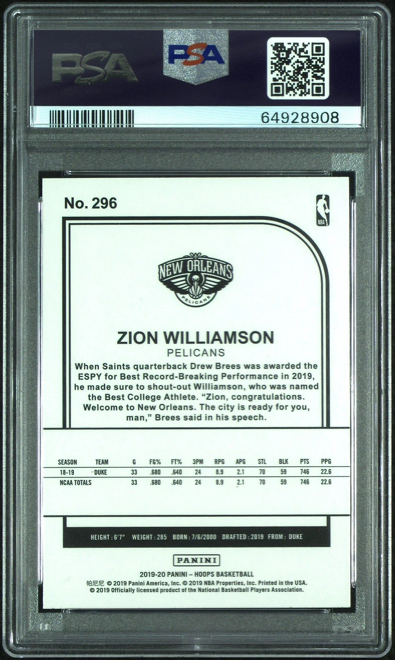 2019 Panini Hoops 296 Zion Williamson Teal Explosion PSA 10