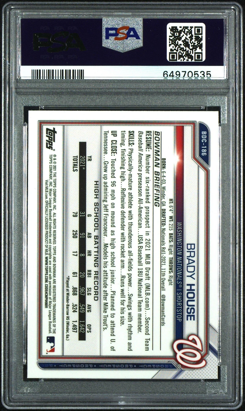 2021 Bowman Draft Chrome Sapphire Edition Bdc186 Brady House PSA 10