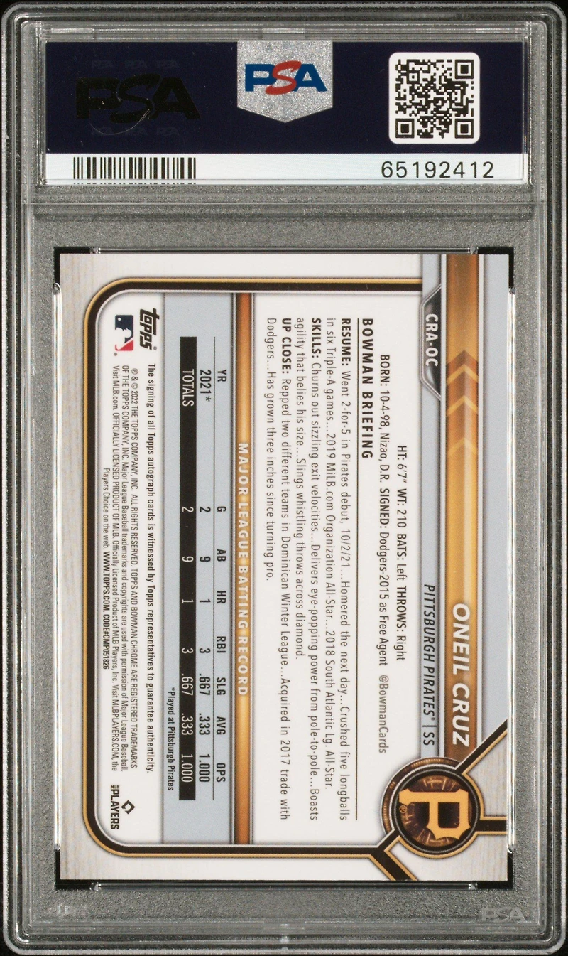 2022 Bowman Chrome Rookie Autographs Craoc Oneil Cruz PSA 9