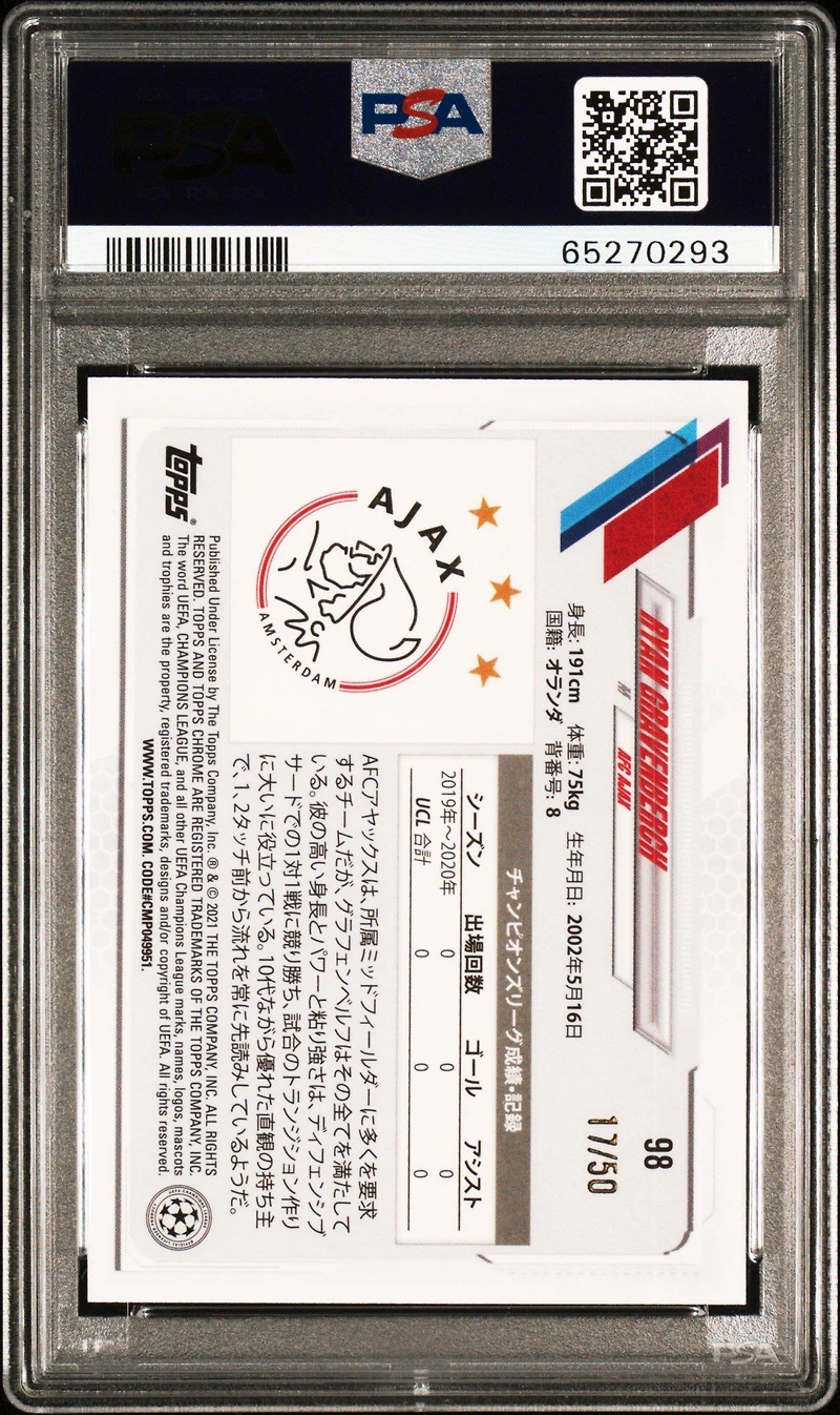 2020 Topps Uefa Champions League Japan Edition 98 Ryan Gravenberch Gold Refractor PSA 10