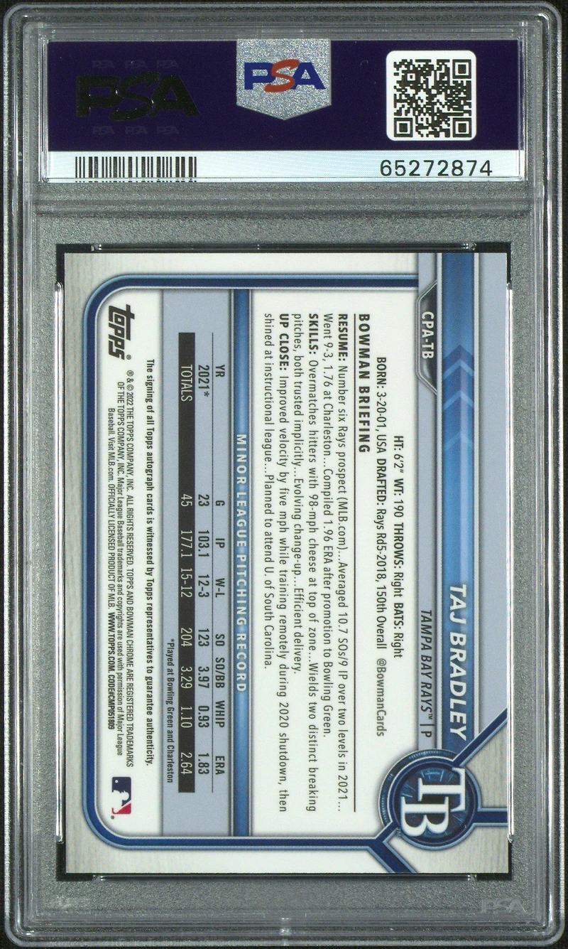 2022 Bowman Chrome Prospect Autographs Cpatb Taj Bradley PSA