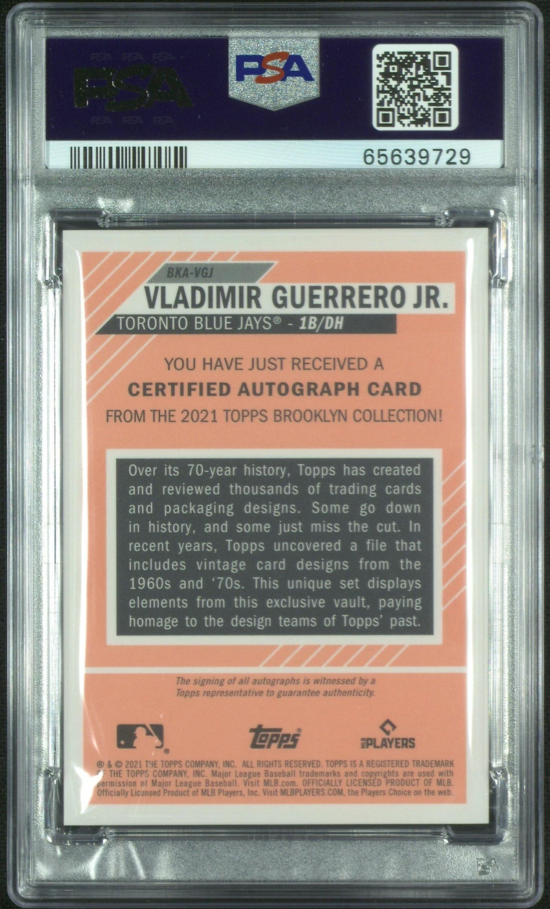 2021 Topps Brooklyn Collection Autograph Vgj Vladimir Guerrero Jr. PSA 10