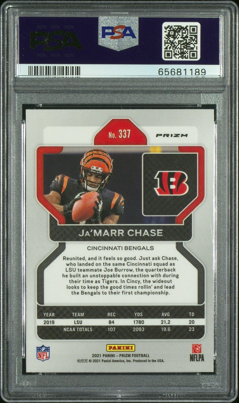 2021 Panini Prizm 337 Ja’marr Chase Lazer Prizm PSA 9