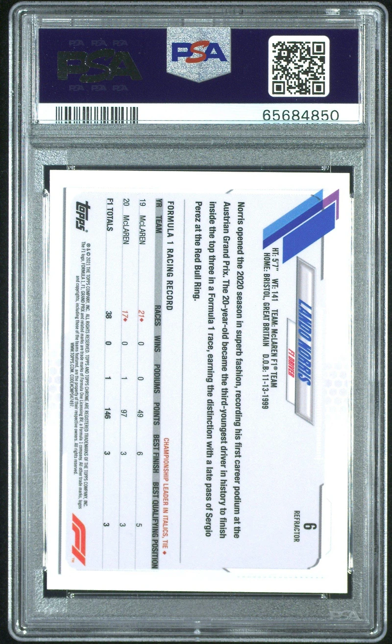 2021 Topps Chrome Formula 1 6 Lando Norris Refractor PSA