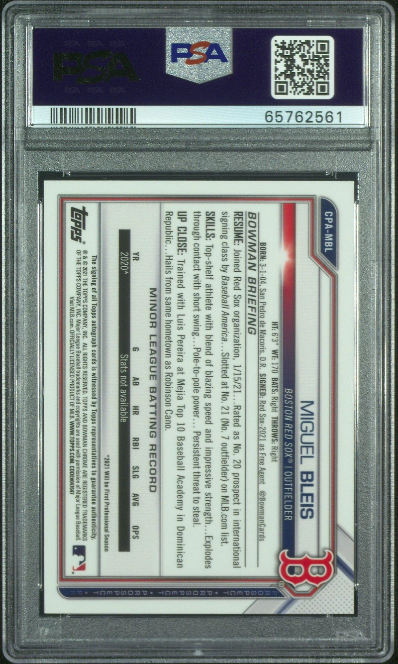 2021 Bowman Chrome Prospect Autographs Cpambl Miguel Bleis PSA 10