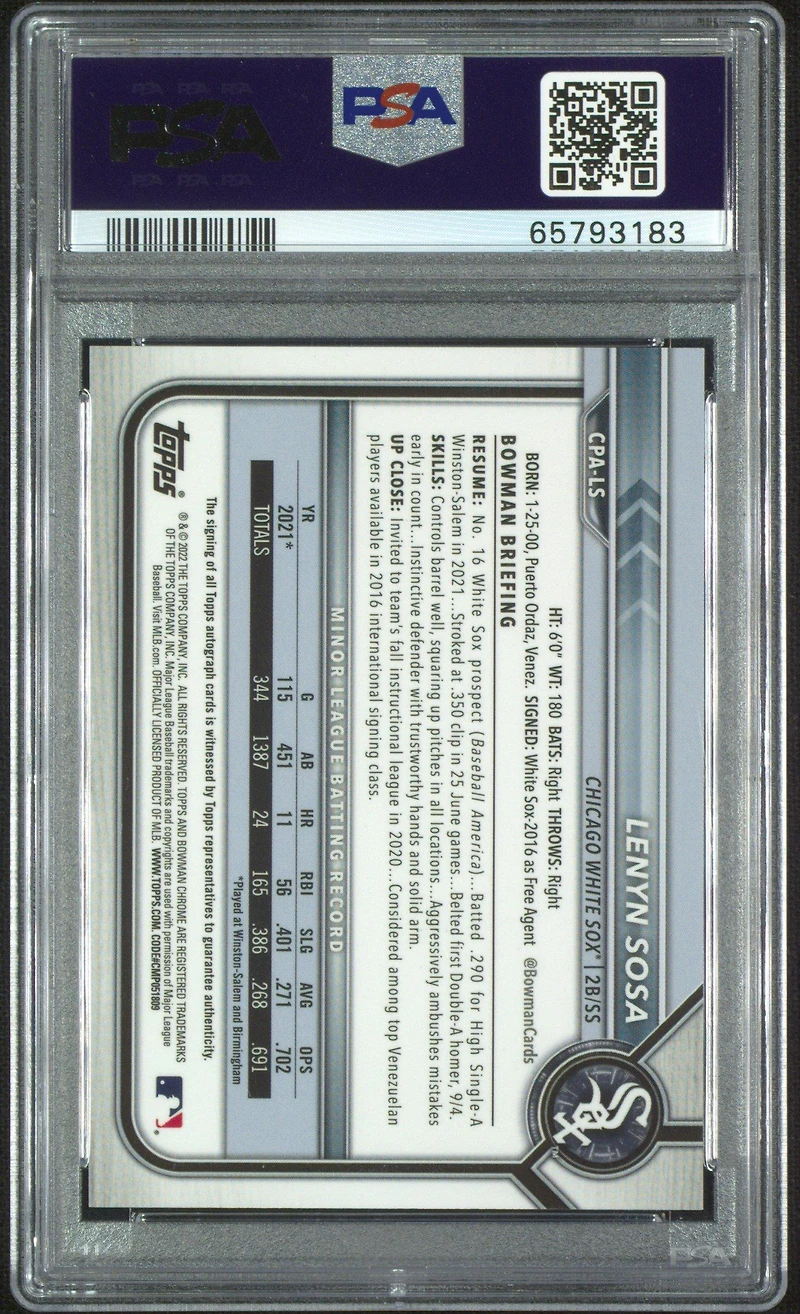 2022 Bowman Chrome Prospect Autographs Cpals Lenyn Sosa PSA 10