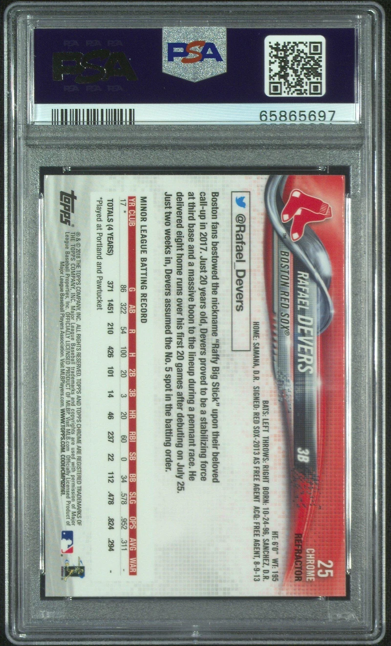2018 Topps Chrome 25 Rafael Devers Batting-pink Refractor PSA 10