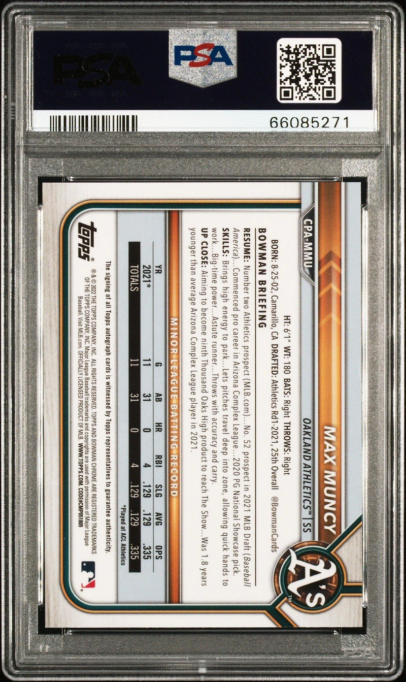 2022 Bowman Chrome Prospect Autographs Cpammu Max Muncy PSA