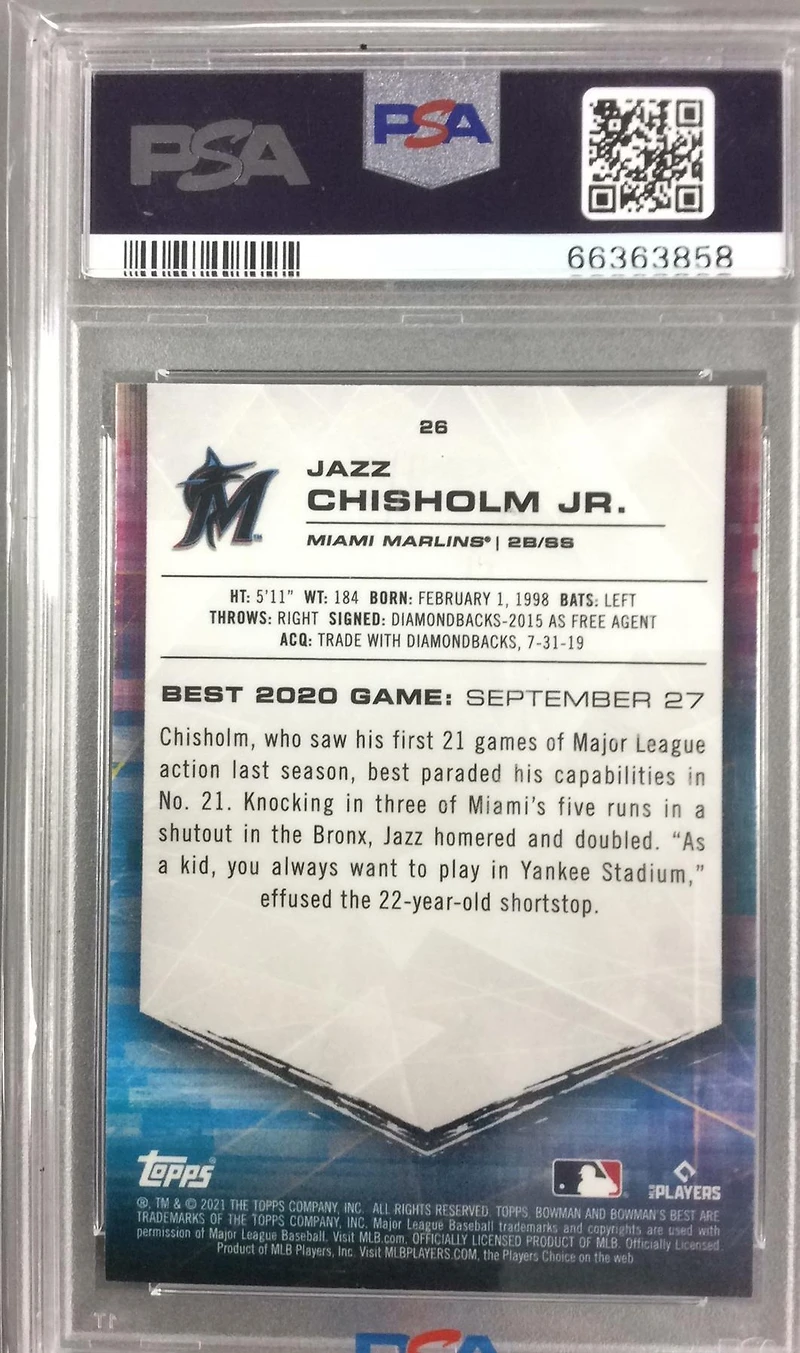 2021 Bowman's Best 26 Jazz Chisholm Jr. Atomic Refractor PSA 10