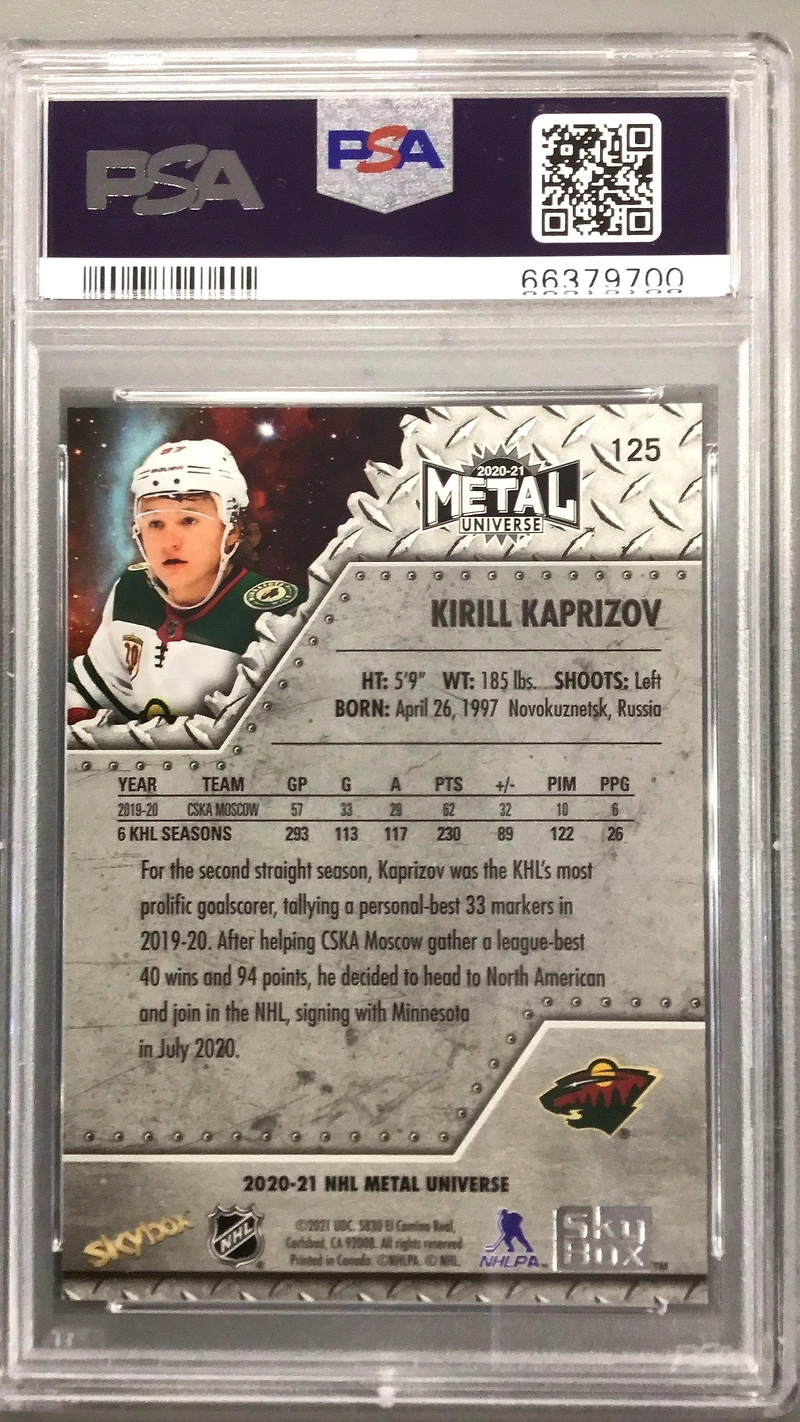 2020 Skybox Metal Universe 125 Kirill Kaprizov Blue Spectrum PSA 8