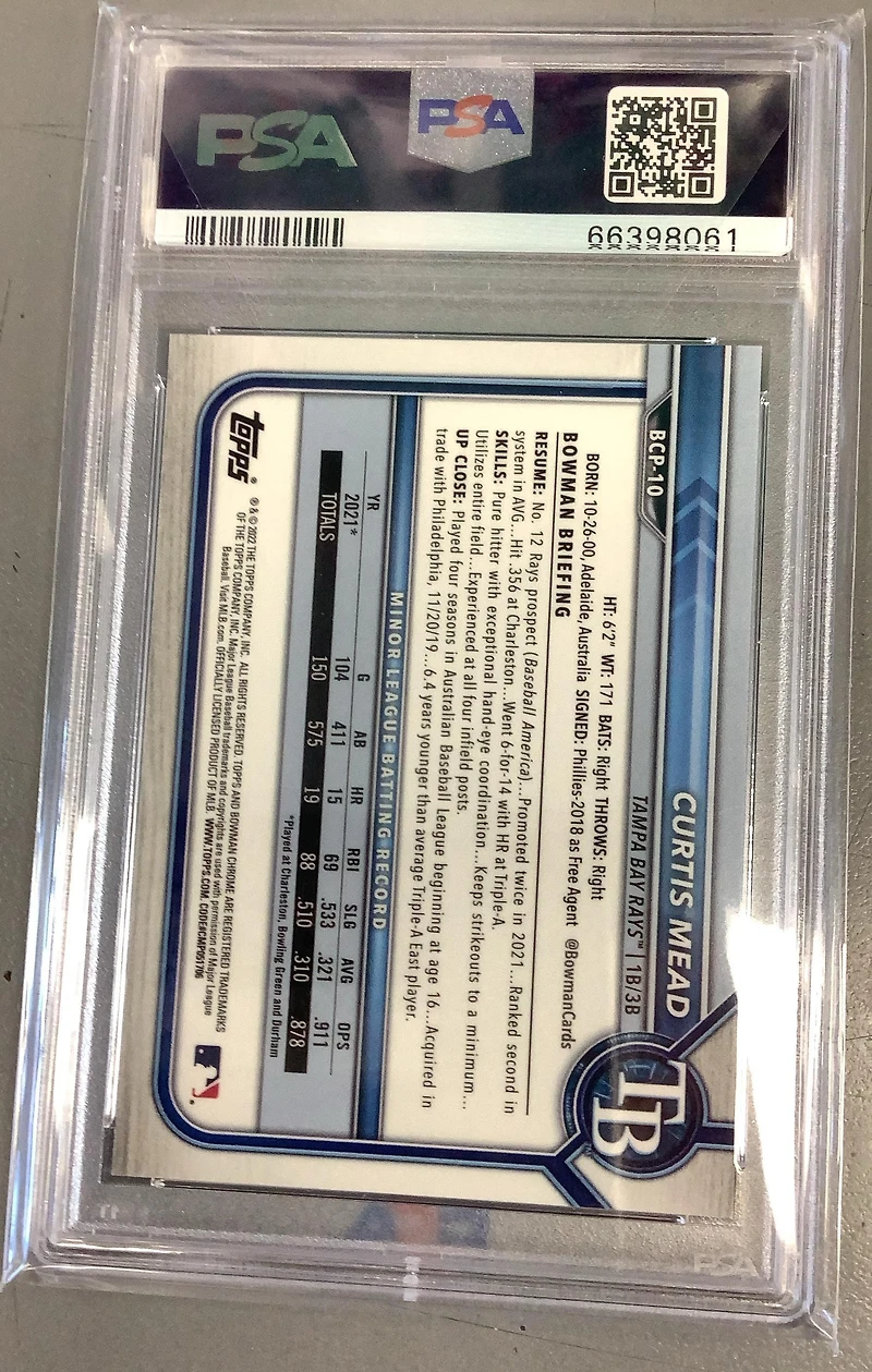 2022 Bowman Chrome Prospects Bcp10 Curtis Mead Purple Refractor PSA 10