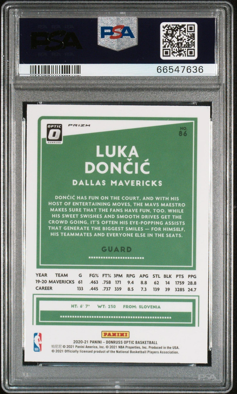2020 Panini Donruss Optic 86 Luka Doncic Purple PSA 10