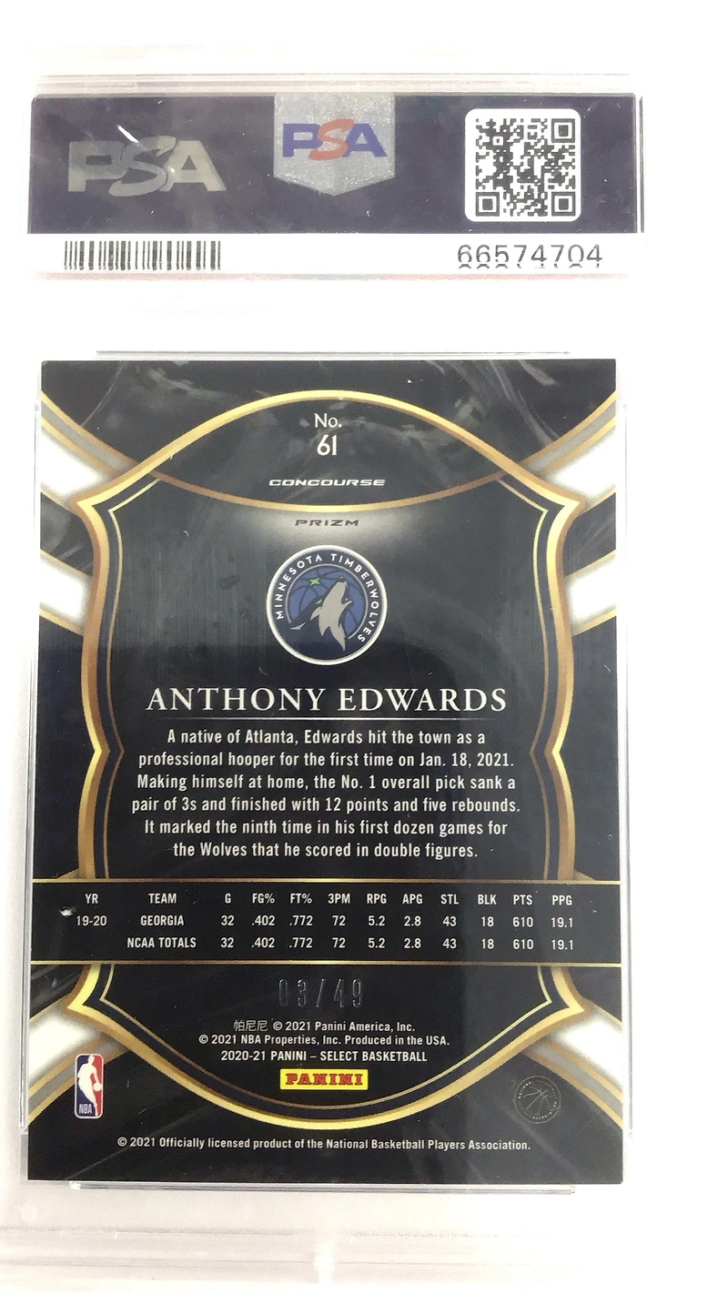 2020 Panini Select 61 Anthony Edwards Blue/white/green Shimmer PSA 9