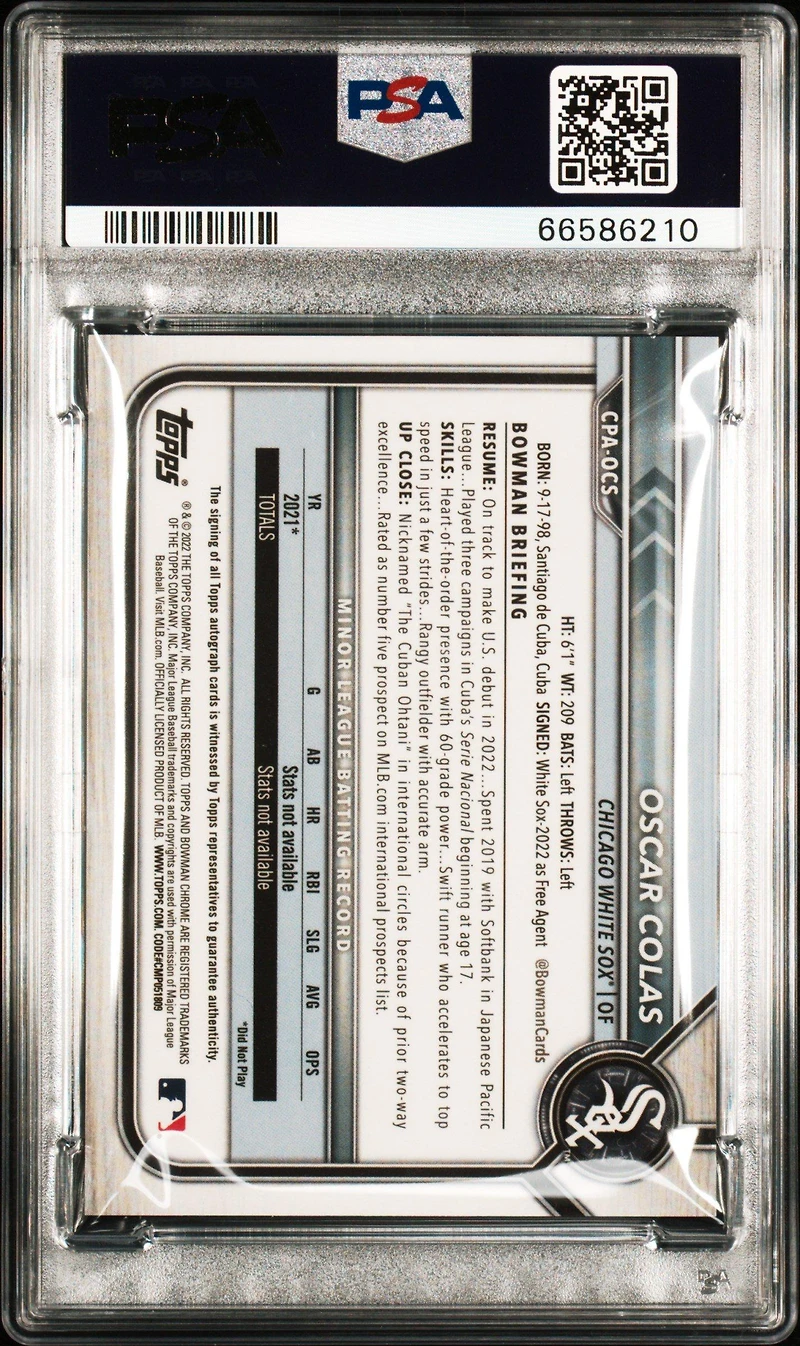 2022 Bowman Chrome Prospect Autographs Cpaocs Oscar Colas Gold Refractor PSA 10