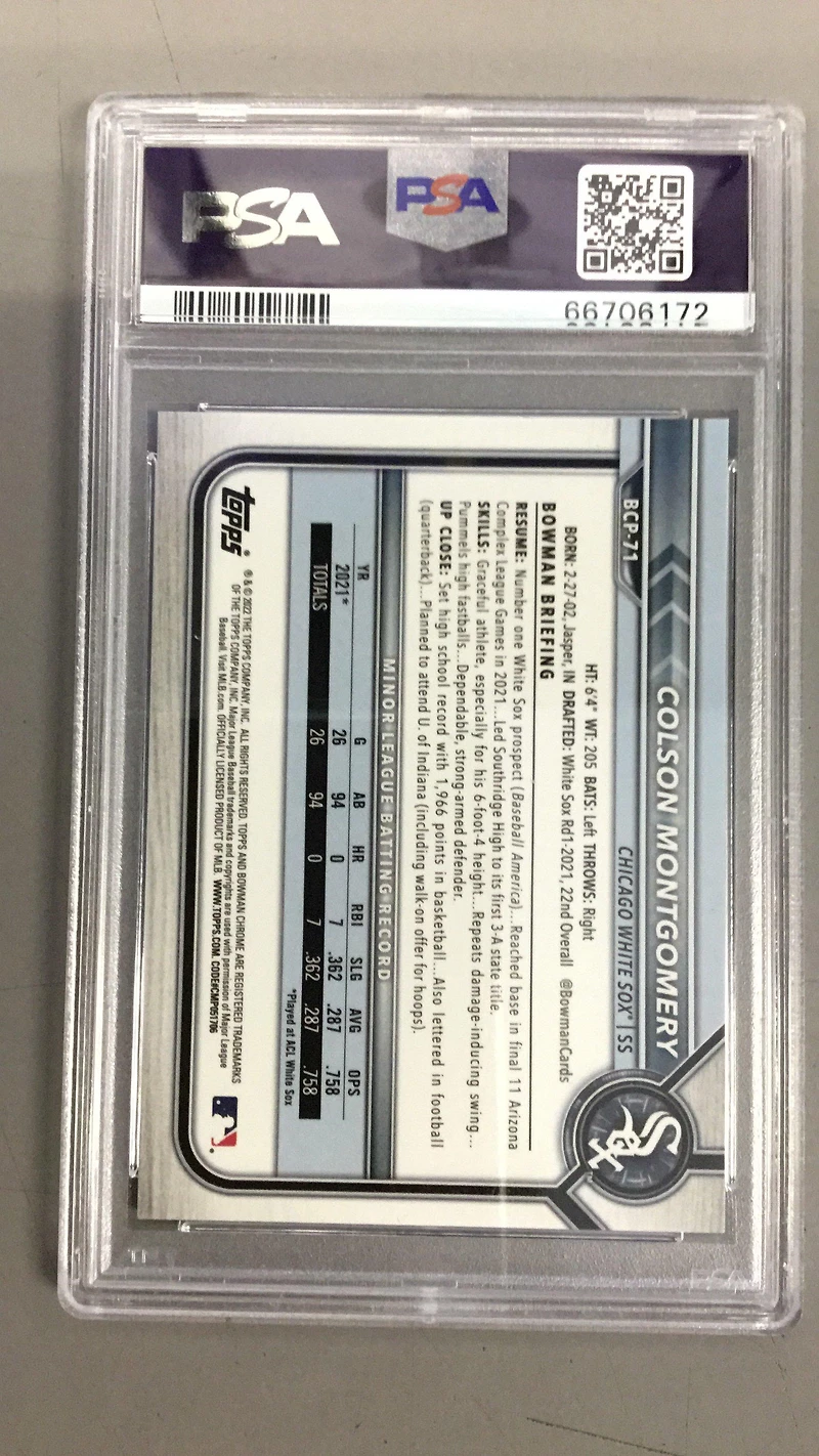 2022 Bowman Chrome Prospects Bcp71 Colson Montgomery Blue Refractor PSA 9