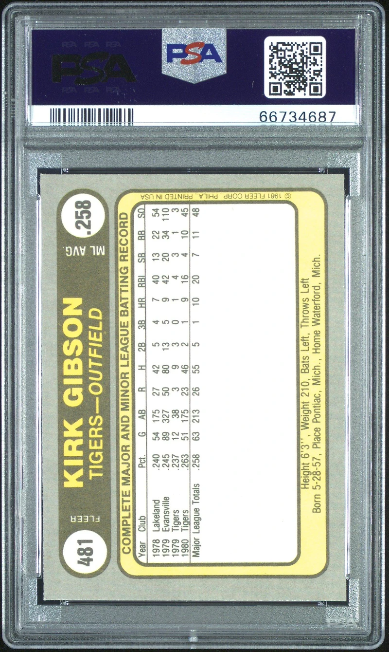 1981 Fleer 481 Kirk Gibson PSA 9