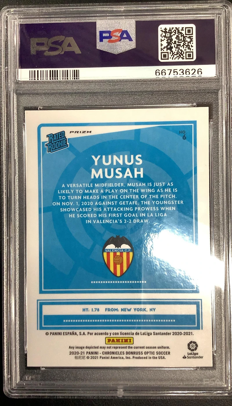 2020 Panini Chronicles Donruss Optic Rated Rookies La Liga 6 Yunus Musah Purple Mojo PSA 10