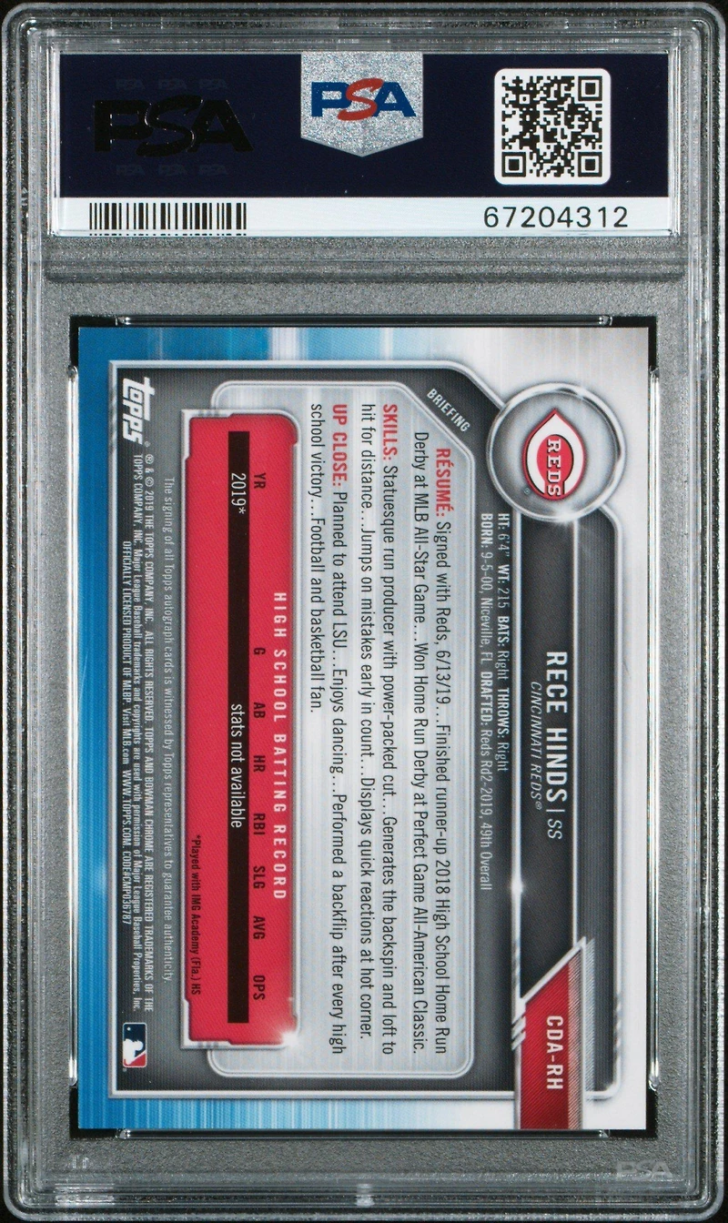 2019 Bowman Draft Chrome Draft Picks Autograph Cdarh Rece Hinds Blue Refractor PSA 9