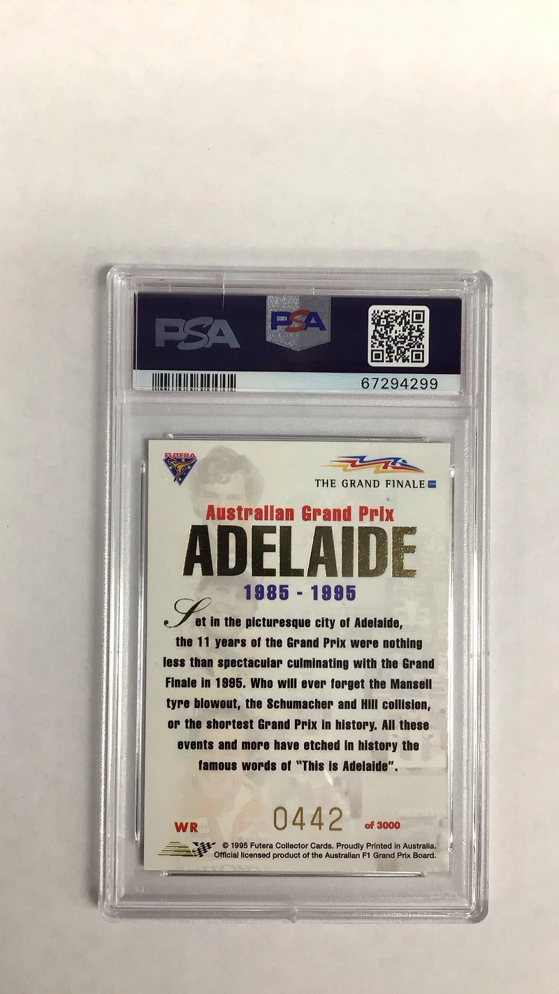 1995 Futera Australian Formula 1 Grand Prix Redemption Wr Thanks Adelaide PSA 9