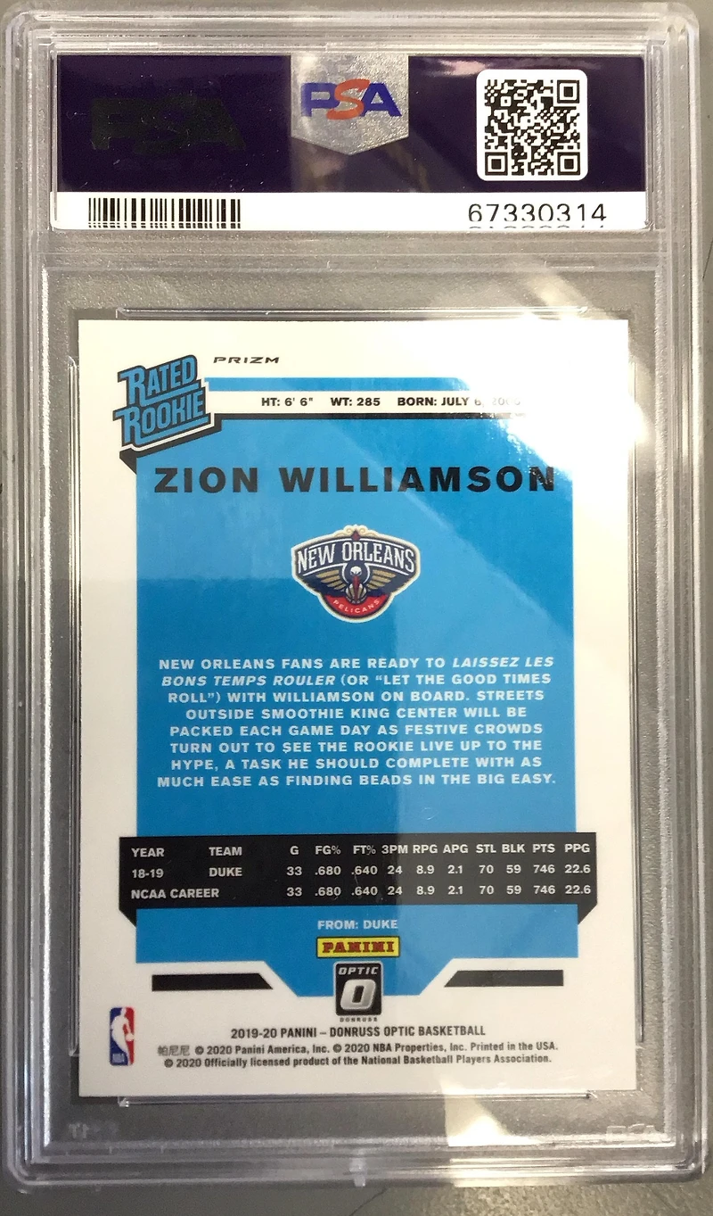 2019 Panini Donruss Optic 158 Zion Williamson Holo PSA 10