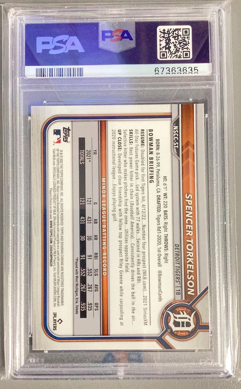 2022 Bowman Chrome Nscc Wrapper Redemption St Spencer Torkelson PSA 9