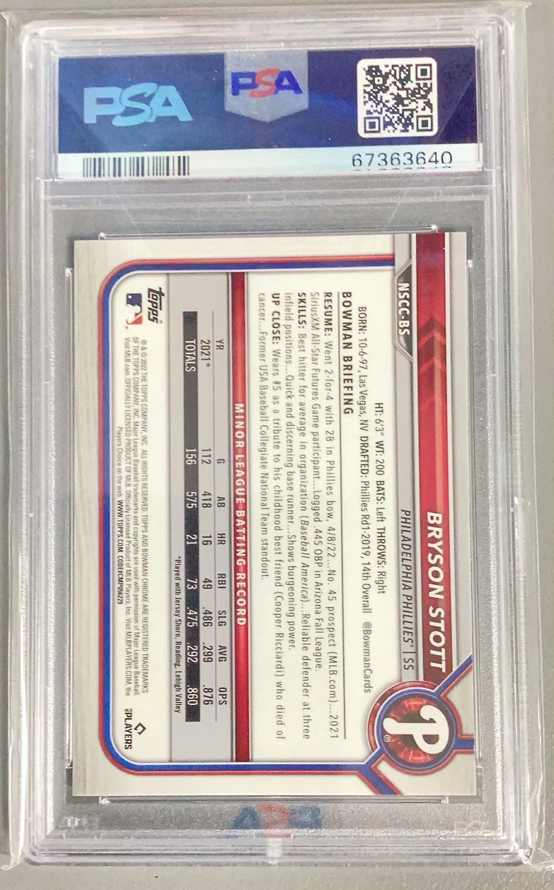 2022 Bowman Chrome Nscc Wrapper Redemption Bs Bryson Stott PSA 9