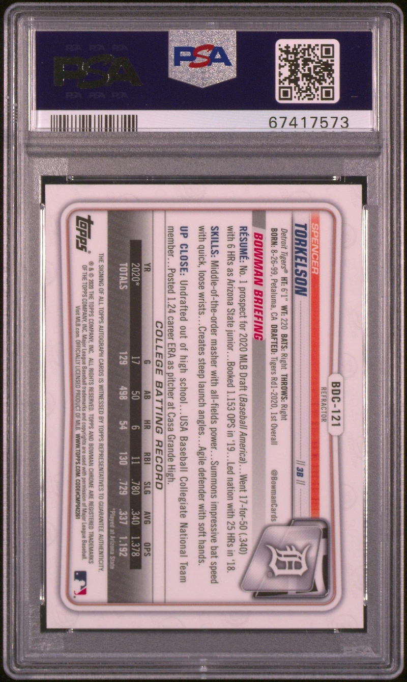 2020 Bowman Draft Bdc121 Spencer Torkelson Sp-autograph-chrome PSA 10