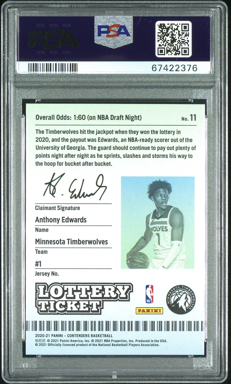 2020 Panini Contenders Lottery Ticket 11 Anthony Edwards PSA 10