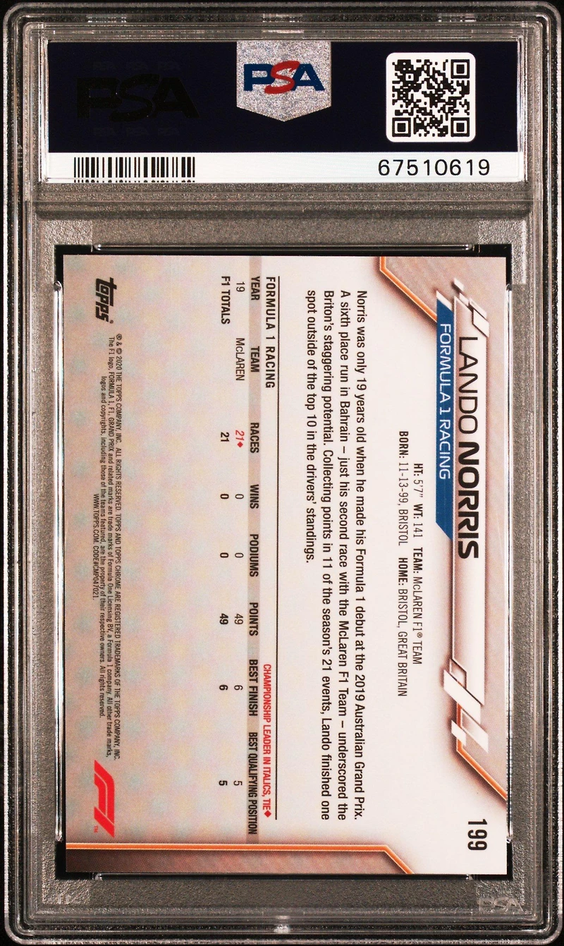 2020 Topps Chrome Formula 1 Sapphire Edition 199 Lando Norris PSA 10
