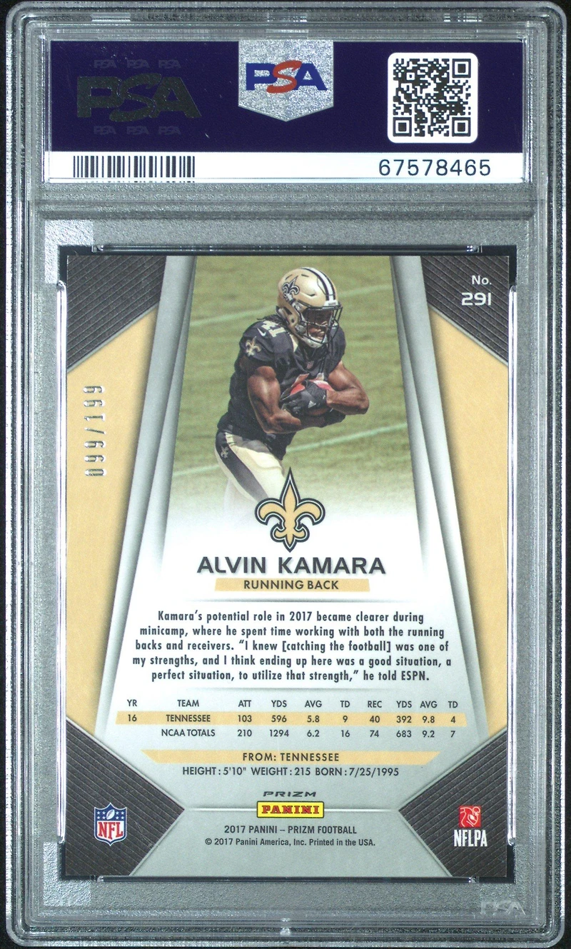 2017 Panini Prizm 291 Alvin Kamara Light Blue Prizm PSA 9
