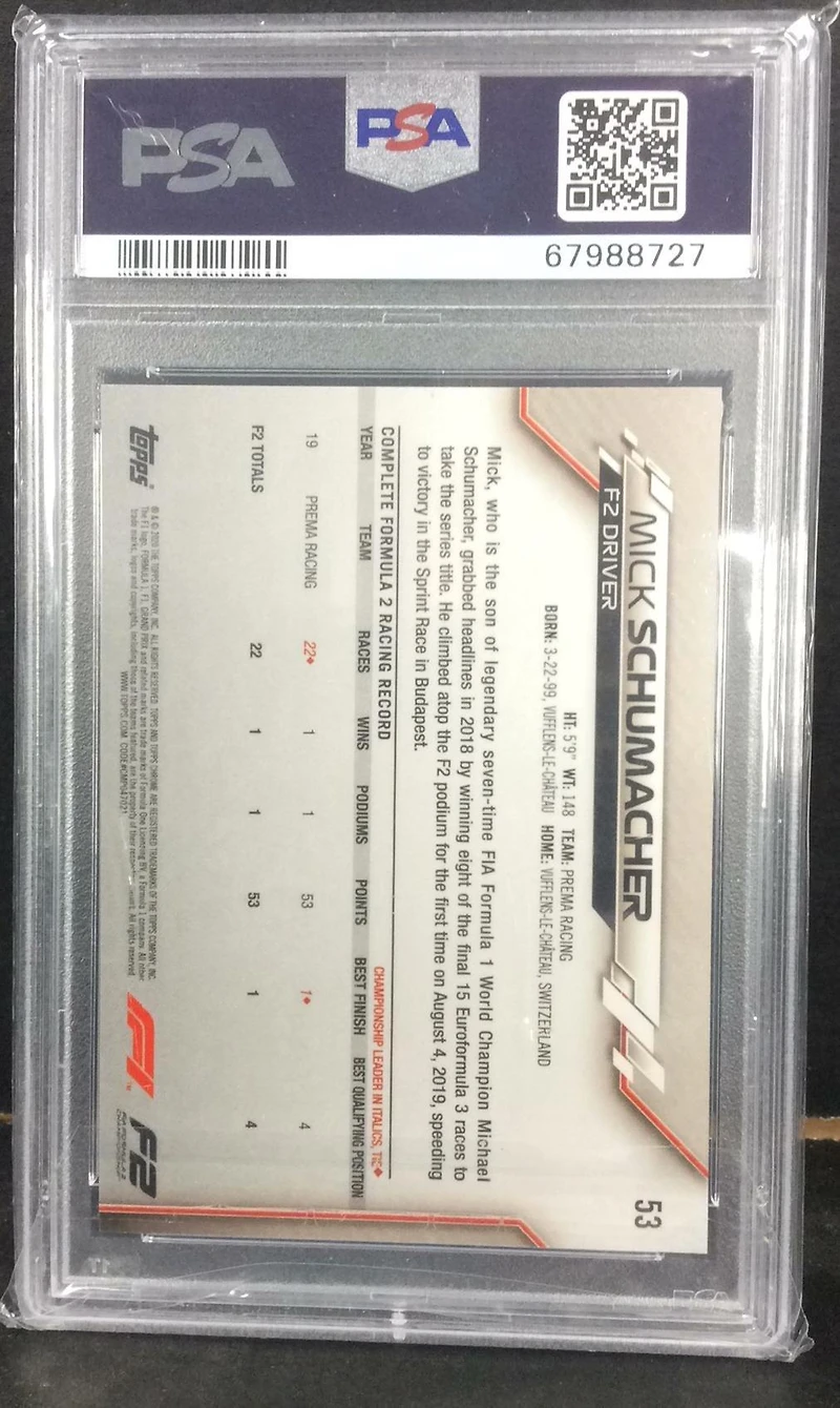 2020 Topps Chrome Formula 1 Sapphire Edition 53 Mick Schumacher PSA 9