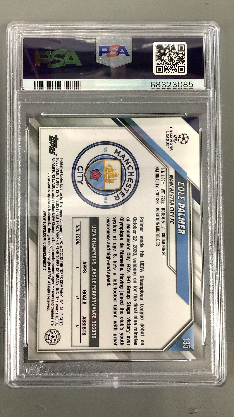 2021-2022 Topps Chrome Sapphire Edition Uefa Champions League 135 Cole Palmer PSA 10