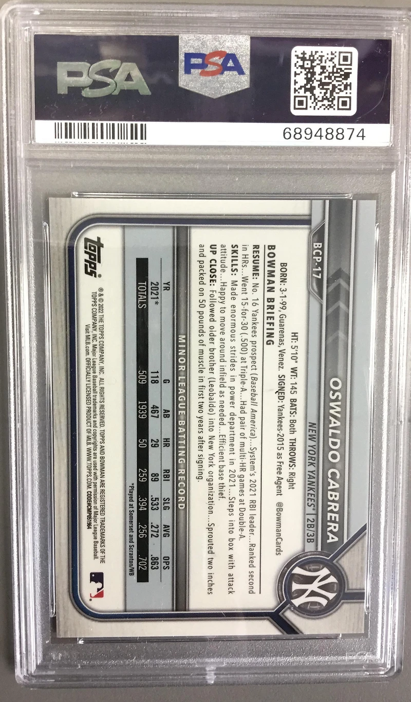 2022 Bowman Sapphire Edition Chrome Prospects Bcp17 Oswaldo Cabrera Orange PSA 9