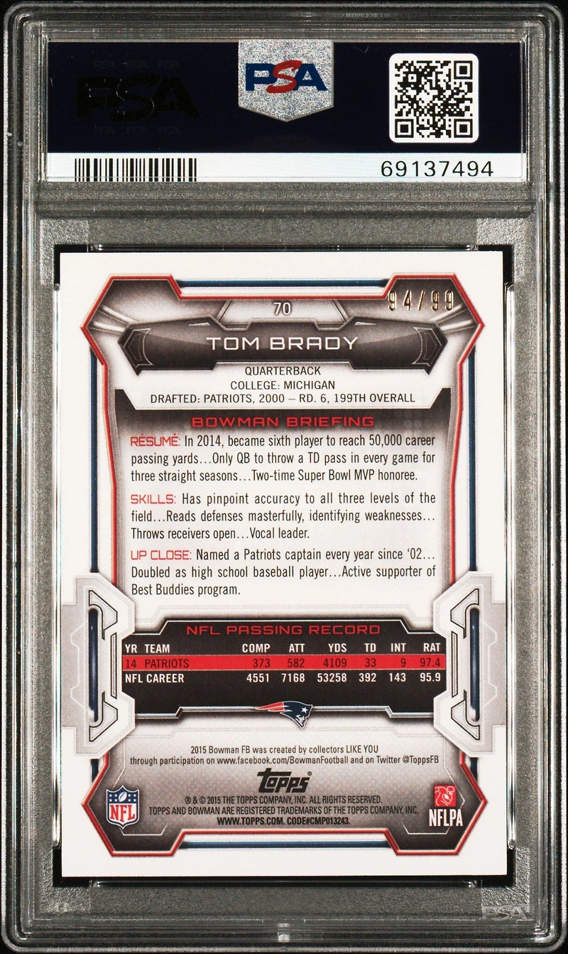2015 Bowman 70 Tom Brady Blue PSA 10
