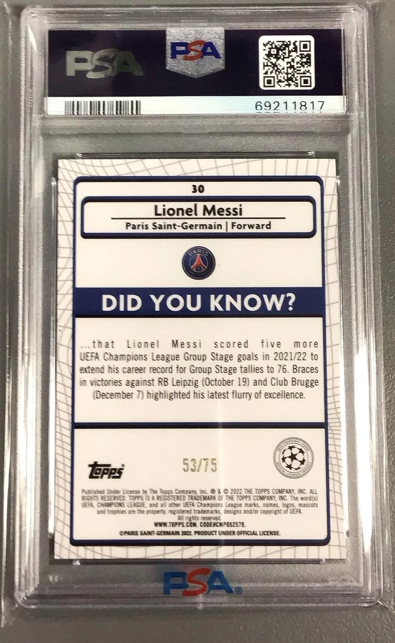 2021-2022 Topps Merlin Chrome Uefa League 30 Lionel Messi Blue Refractor PSA 9