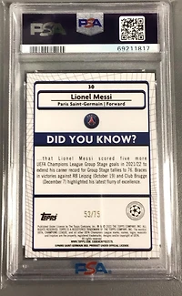 2021-2022 Topps Merlin Chrome Uefa League 30 Lionel Messi Blue Refractor PSA 9