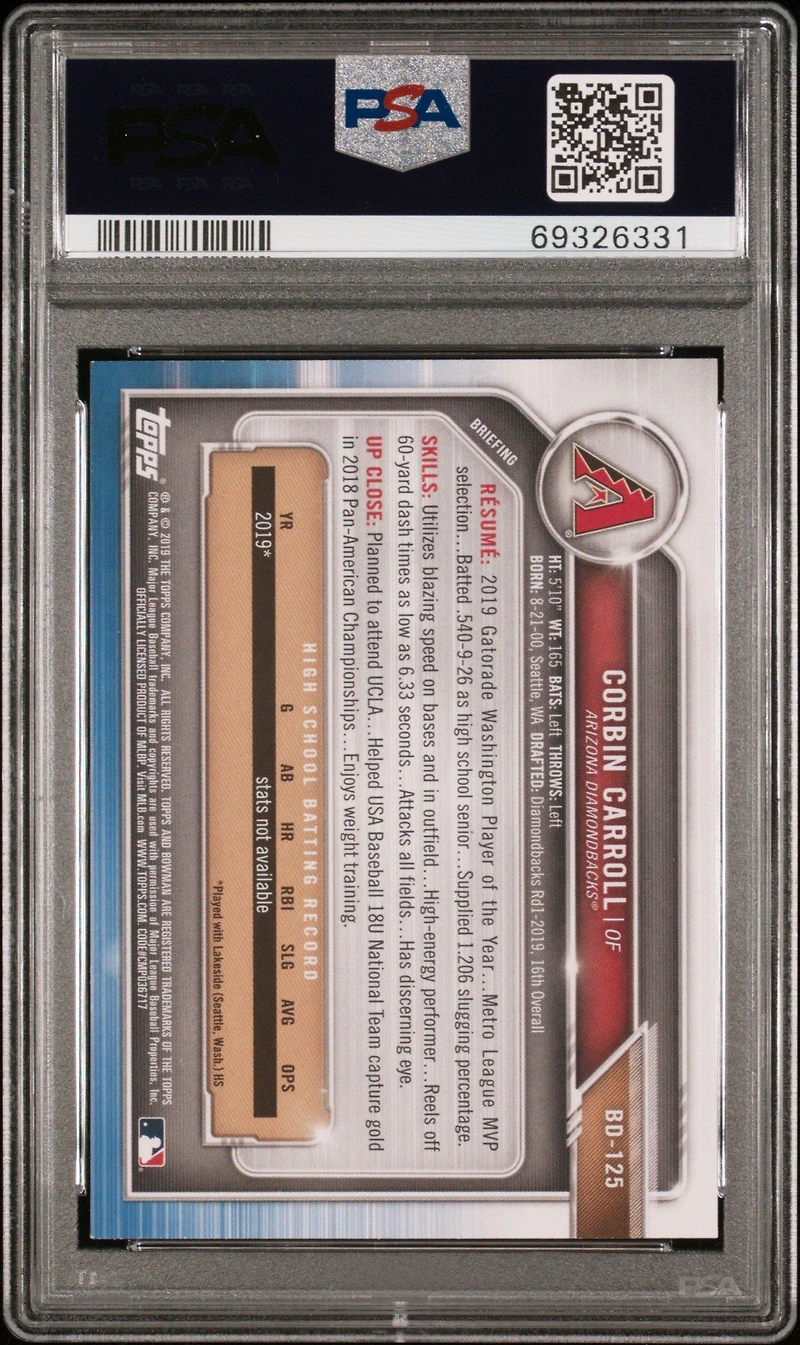 2019 Bowman Draft Bd125 Corbin Carroll PSA 9
