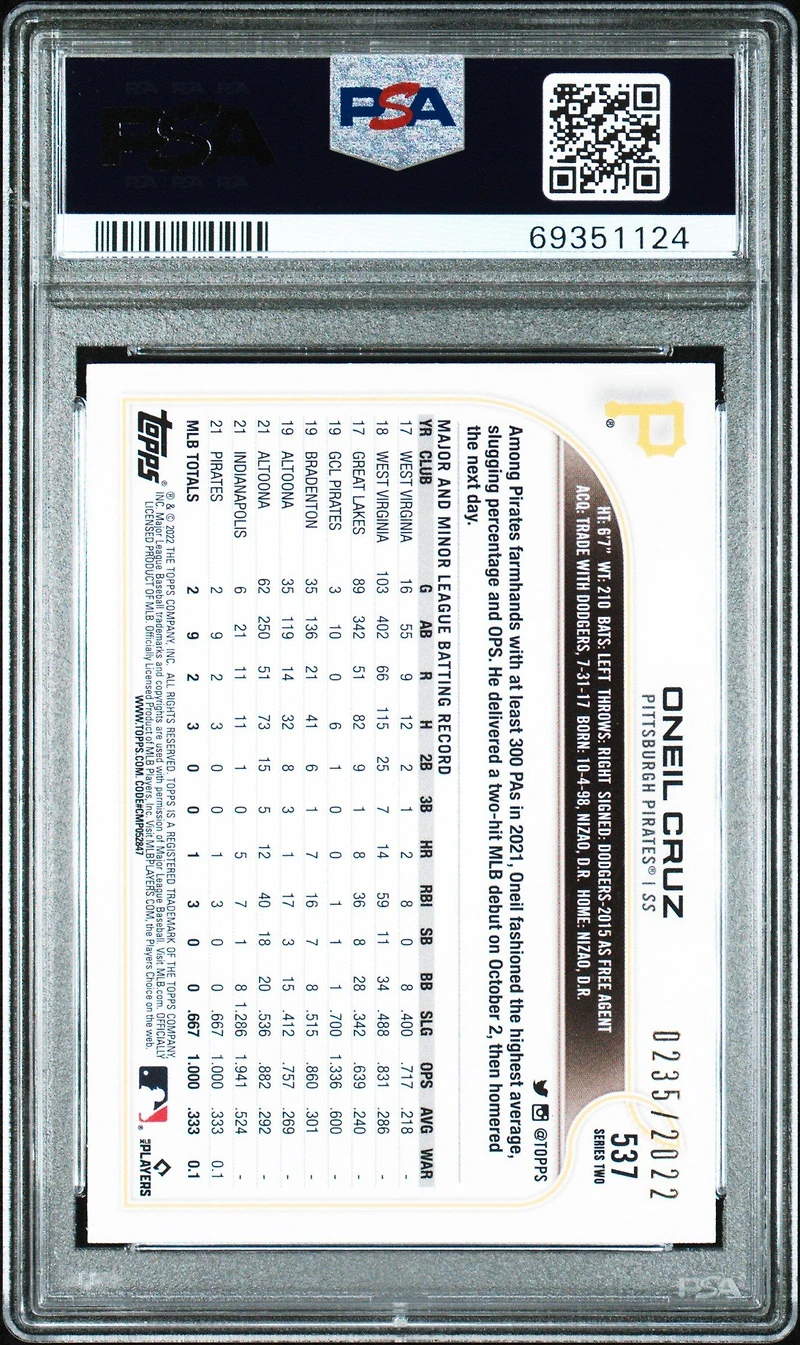 2022 Topps 537 Oneil Cruz Gold PSA