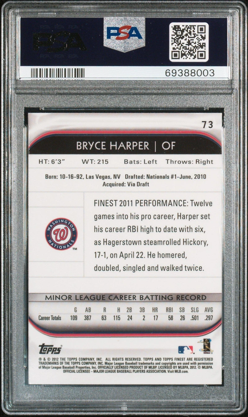 2012 Finest 73 Bryce Harper PSA 9