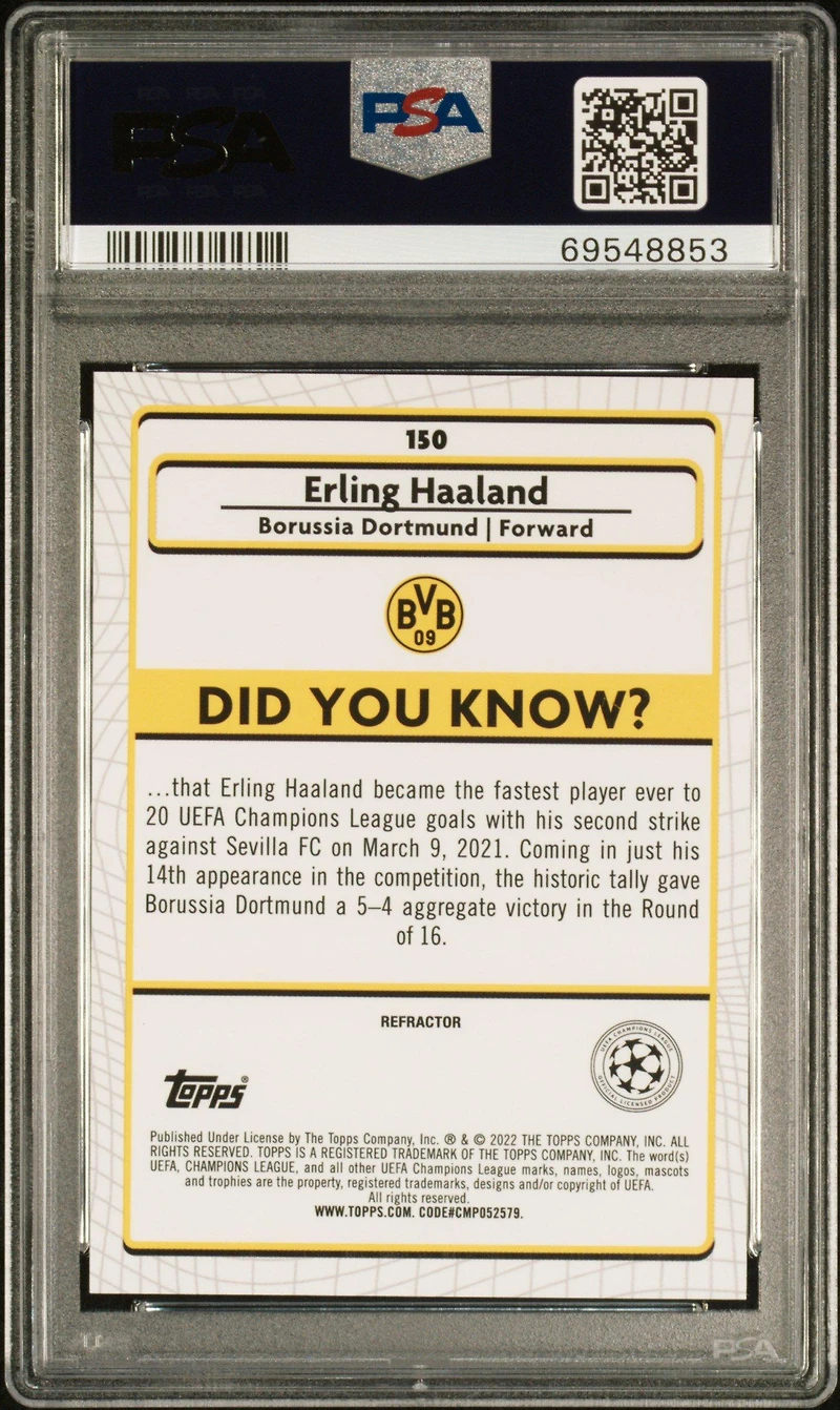 2021-2022 Topps Merlin Chrome Uefa League 150 Erling Haaland PSA 10