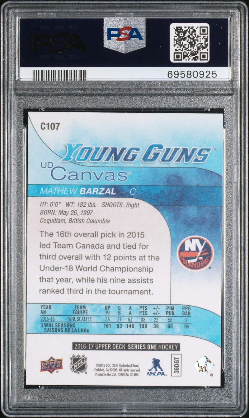 2016 Upper Deck Canvas C107 Mathew Barzal PSA 10
