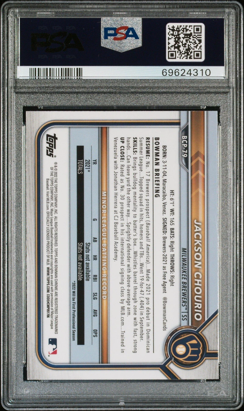 2022 Bowman Chrome Prospects Bcp79 Jackson Chourio PSA 10