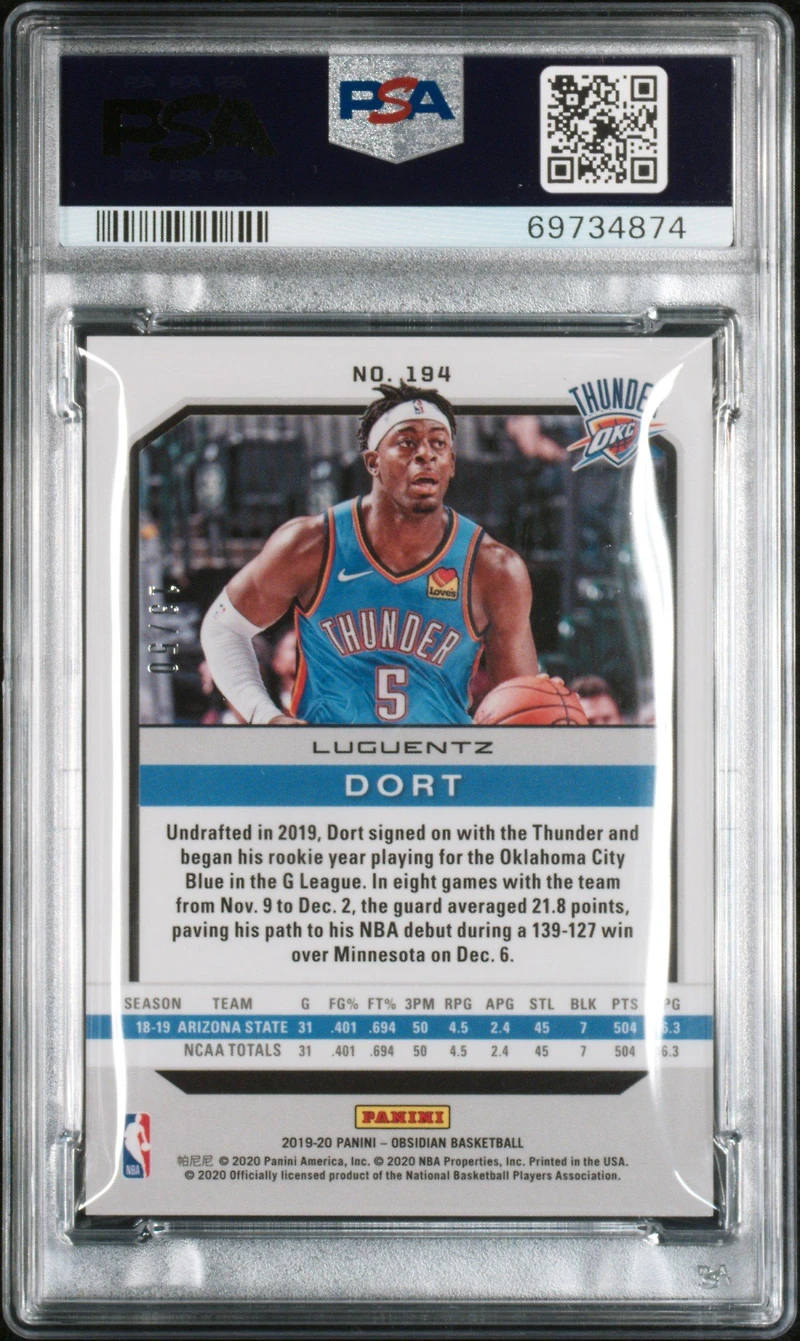 2019 Panini Obsidian 194 Luguentz Dort Electric Etch Orange PSA 10