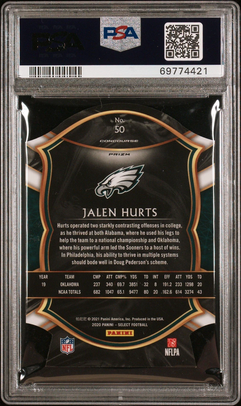 2020 Panini Select 50 Jalen Hurts Die-cut Blue Prizm PSA 10