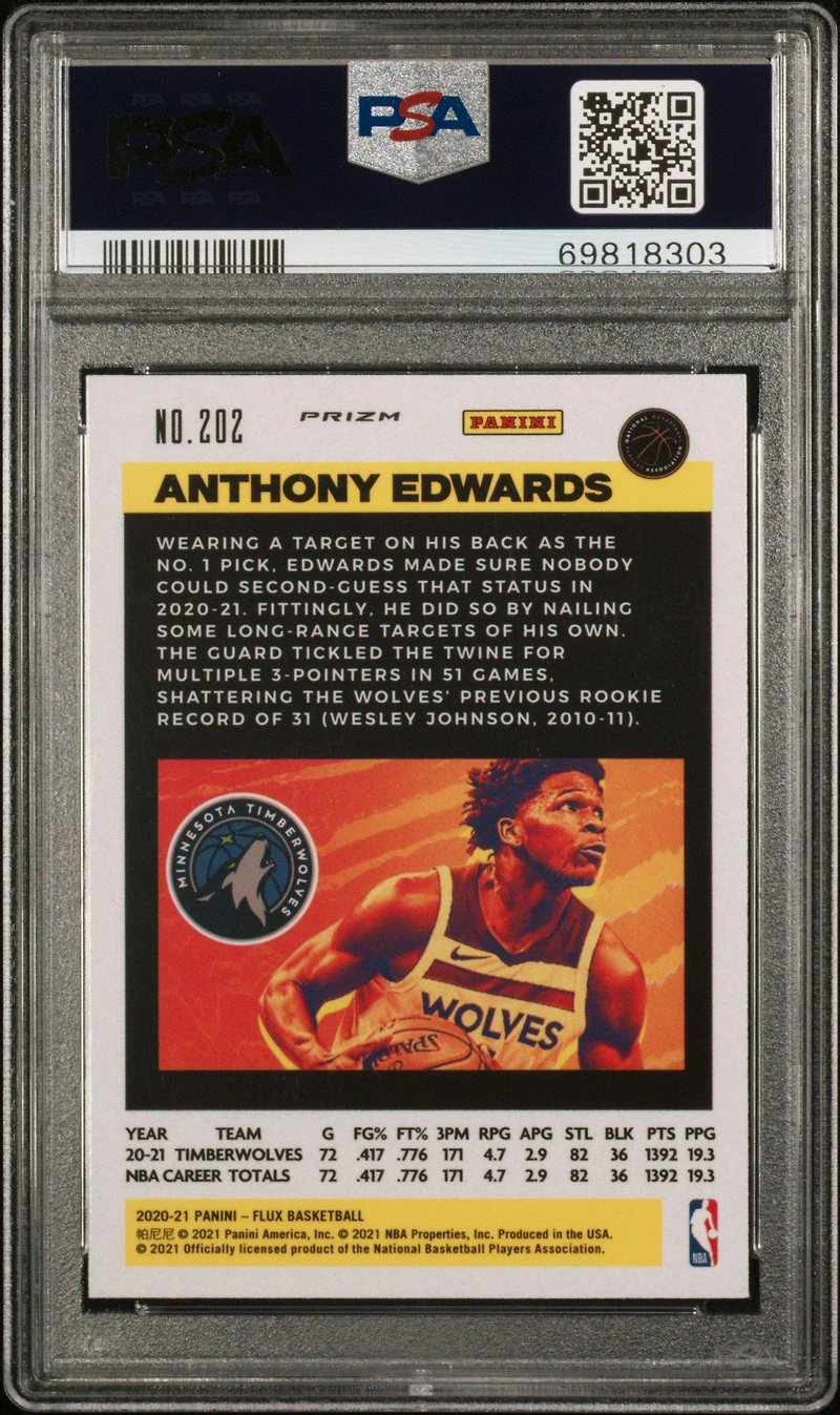 2020 Panini Flux 202 Anthony Edwards Light Blue PSA 10